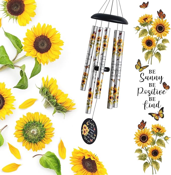 Sunflower Wind Chimes for Outside,Sunshine Gift for Mom,Get Well Soon,Birthday for Women Friends Sister & Coworkers,Thank you,Retirement,Sympathy Gifts Basket,Memorial Wind Chime for loss of Loved One