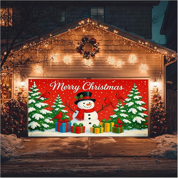 HOMETITUTE Merry Christmas Garage Door Banner 13x6ft Festive Backdrop Cheerful Snowman with Colorful Gifts Photo Prop Background for Joyful Holiday Yard Outdoor Winter Scene Display
