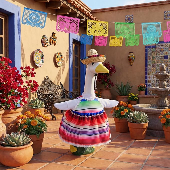 Watayo 2 Pcs/Set Mexican Porch Goose Outfits, Lawn Goose Clothing Costume for Cinco De Mayo, Garden Goose Clothes Striped Dress Mexican Sombrero for 23" High Statue Outdoor Patio Yard Decor (B Style)
