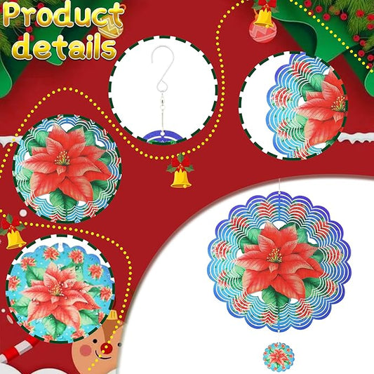 Wind Spinners Outdoor Christmas Poinsettia - Birthday Gifts for Women Mom Grandma, Hanging Wind Sculptures 12 inch 3D Wind Spinner for Garden Decor for Outside, Garden, Patio, Yard, Outdoor(Red