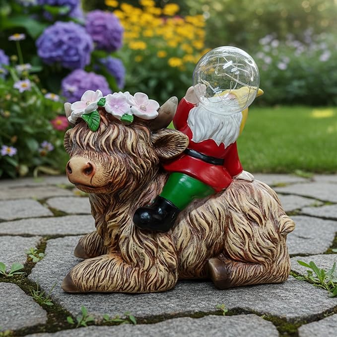 Spring Garden Blowing Bubbles Gnome Highland Cow Solar Statues, Funny Summer Gnome Outdoor Resin Sculptures Decor for Home Table Patio Lawn Porch Balcony, Housewarming