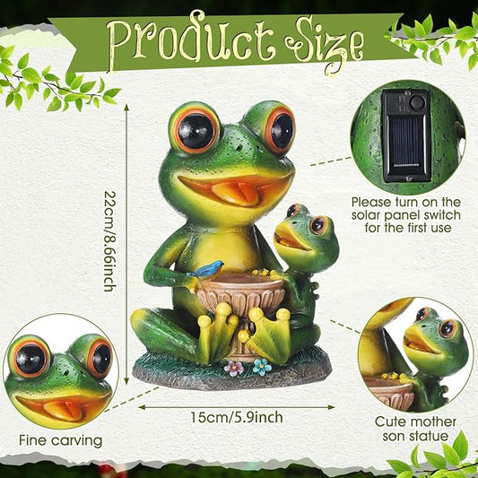 Roowest Solar Garden Statue Frog with Bird Bath, Mother & Child Frog Outdoor Decor with LED Light, Waterproof Resin Yard Ornament, Cute Frogs Gift for Mom Grandma Women, Patio Lawn Balcony Decoration