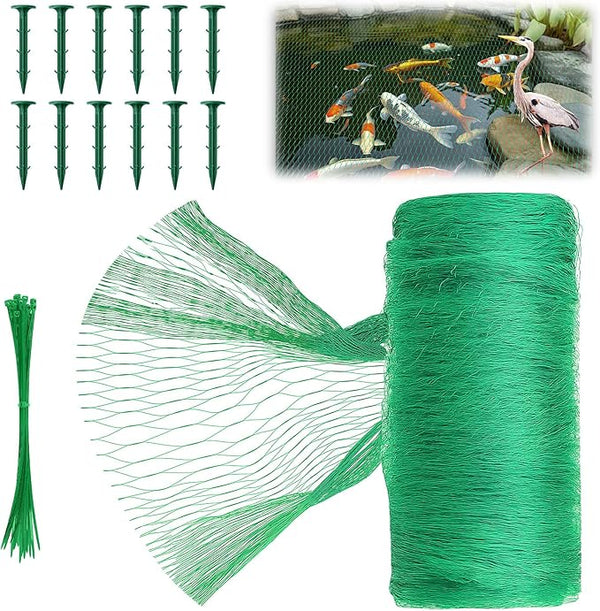Koi Pond Netting Kit 7 x 10ft, Bird Deer Fence Netting, Durable Net Cover for Leaves, Heavy Duty Fine Mesh, Protect Fish from Birds, Cats & Predators, 12pcs Stakes & Ties Included(Green)