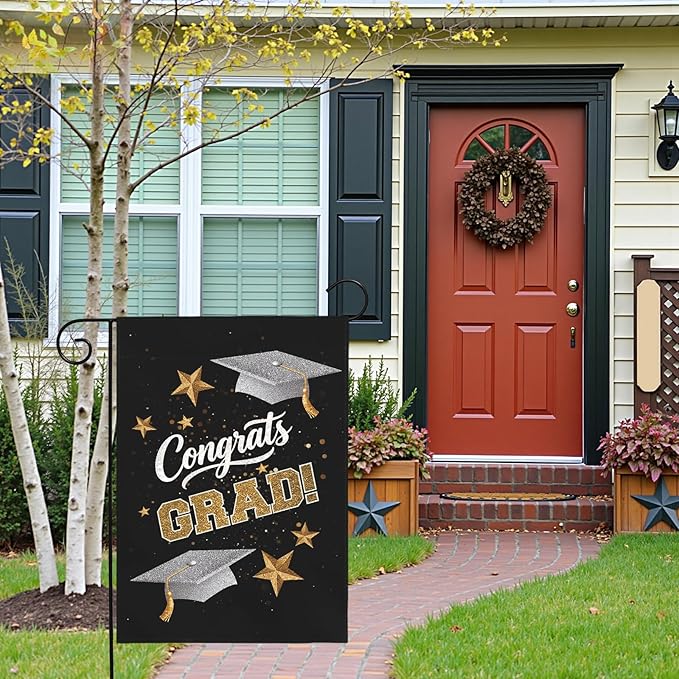 Congrats Grad Garden Flag Graduation Yard Flags Class of 2025 College Graduations Double Sided Graduational Cap Stars Black Gold House Banner for Lawn Porch Patio Yard Party Decor 12 x18 Inch
