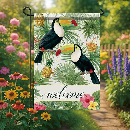 Welcome Toucan Garden Flag Tropical Bird Pineapple Palm Leaves Outdoor Yard Porch Lawn Garden Decor for Summer Island Patio Farmhouse Coastal Seasonal Home Display