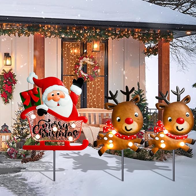 Christmas Yard Stakes Light Up Christmas Outdoor Decorations with LED Santa Claus Reindeers in Sleigh Lighted Metal Yard Stakes Xmas Garden Stake Lawn Pathway Outdoor Decoration