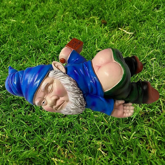 MINICAR Funny Drunk Garden Gnome Statue 9.5 Inch - Indoor Home Office Figurine Decor Outdoor Yard Lawn Patio Sculpture Decoration, Naughty Gifts for Women Men, Blue