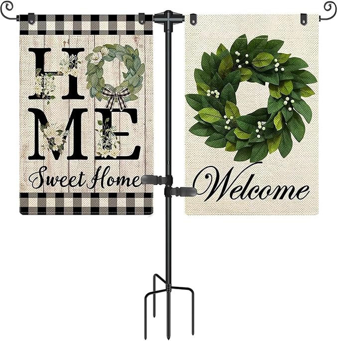 Garden Flag Stand Holder with 4 Prong Base for Double Flags, 3/4 Inch Extra Thick Heavy Duty Yard Flag Holder for Outside 12x18 Home Patio Decor