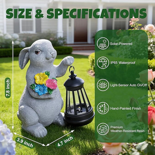 Solar Garden Statues, Resin Bunny Statue w/ Flower, Waterproof Figurine Rabbit Garden Statue for Outside Yard Outdoor Home Patio Lawn Decor, Solar Animal Lights for Adults Women Birthday Easter Gifts