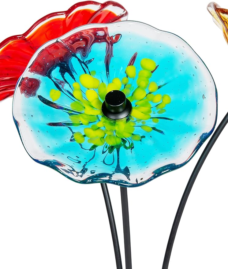 Dale Tiffany AS23098 Fiore Bloom Hand Blown Glass Flower Art Glass Sculpture with Metal Stand for Indoor Garden Patio Decoration, Multi Color, 3-Plate 22" Tall