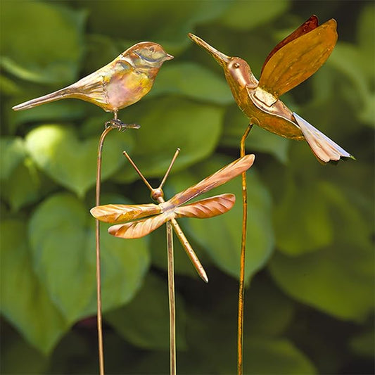 BestNest Ancient Graffiti Flamed Copper Garden Stakes, Set of 3 Metal Outdoor Yard Ornaments with Songbird, Dragonfly & Hummingbird Toppers, Decorative Staked Garden Art