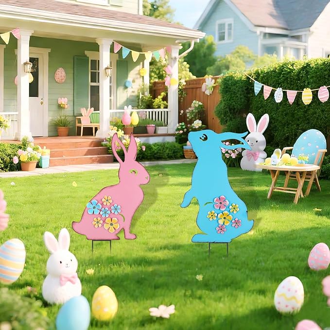 Metal Easter Bunny Yard Sign - 2 Pack Colorful Easter Bunny Lawn Stakes with 3D Flowers Spring Garden Decorations for Outdoor Easter Decor