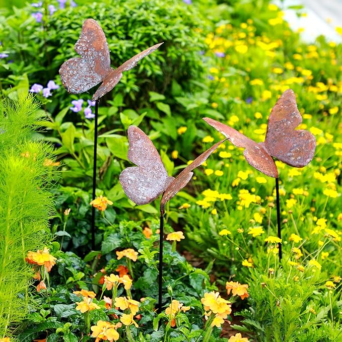 Weysat 3 Pack Butterfly Garden Stake Decor 28 Inch Metal Yard Art Butterflies Stakes for Women Mom Ornaments Outdoor Decorative Patio Lawn Decor (Rutic Color)