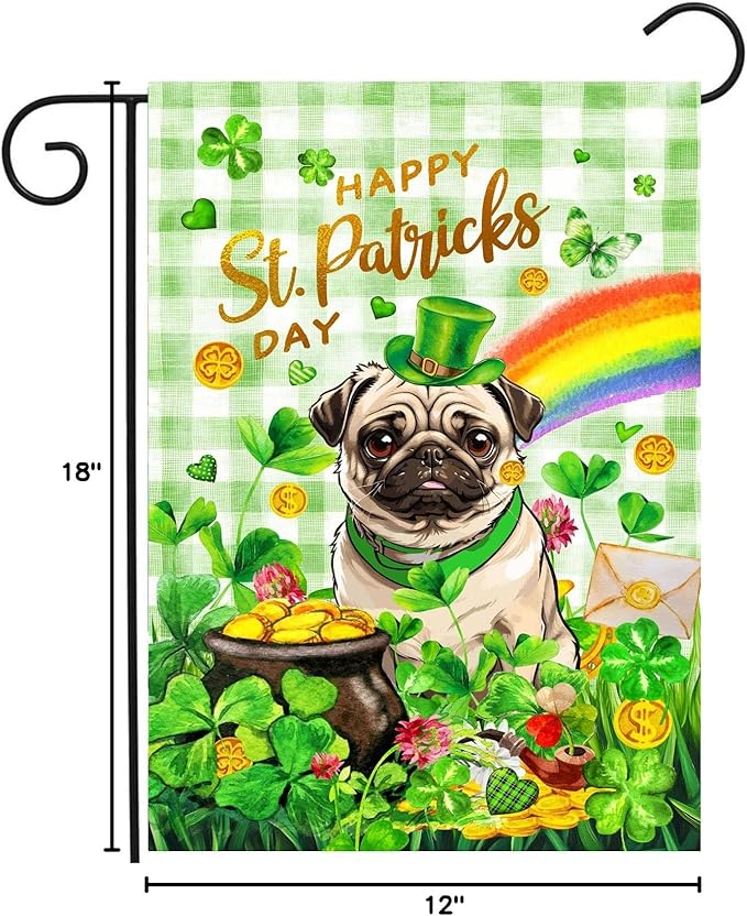 Pug St Patricks Day Garden Flag Dog St Patrick's Day Yard Flags for Outside 12x18 Double Sided Buffalo Plaid Shamrock Flag Small Outdoor Rainbow St Patrick's Decor