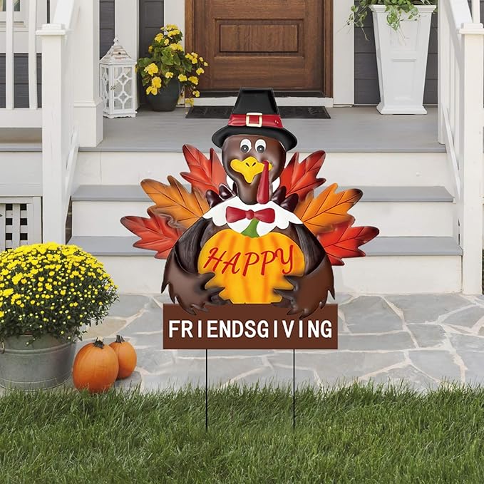 Friendsgiving Metal Turkey Yard Signs Rustic Thanksgiving Decorations with Stakes for Outdoor Indoor Fall Harvest Welcome Sign for Porch, Lawn, and Wall Decor