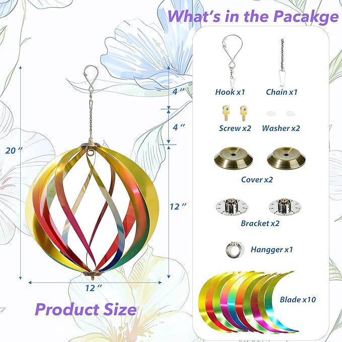 Hanging Wind Spinners Outdoor - Tool-Free Assembly Garden Wind Spinners, Spring Metal Yard Decor with Dual Hooks for DIY Accessories, Weatherproof Rust-Resistant 3D Ball(Rainbow, 12 Inch)