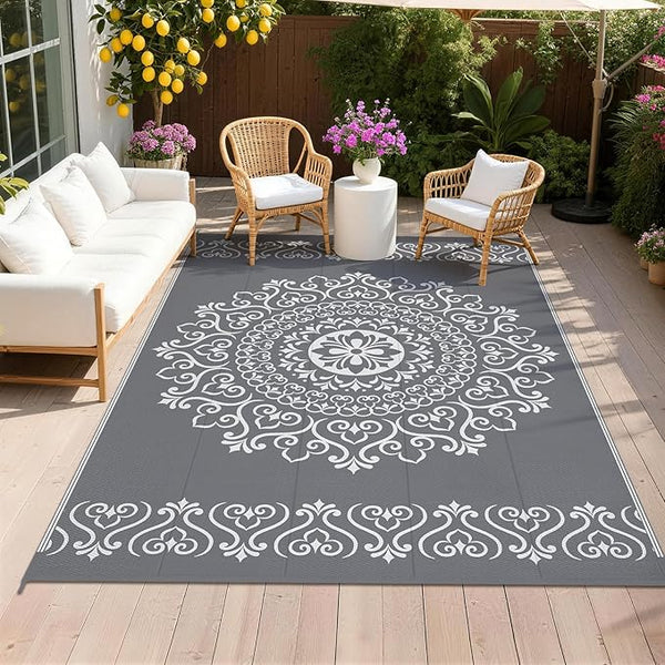 Pauwer Waterproof Outdoor Rug 6x9, Reversible Plastic Straw Patio Camping Rug, Indoor Outdoor RV Mat Carpet for Deck, Camper, Porch, Balcony, Backyard, Picnic, Floral Grey