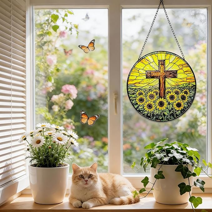 Stained Glass Window Hanging, 8 Inch Stained Glass Cross Sunflower Suncatcher, Christian Sun Catchers Indoor Window, Flower Cross Religious Home Garden Decor, Easter Faith Christian Gifts for Women