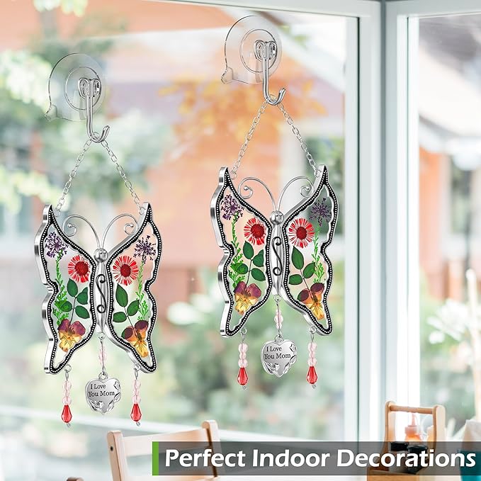 KY&BOSAM Butterfly Suncatcher Stained Glass Suncathers for Windows Hangings Wind Chime with Real Flower Wings and Meatl I Love You Mom Heart Charm for Mom Birthday Christmas Decor