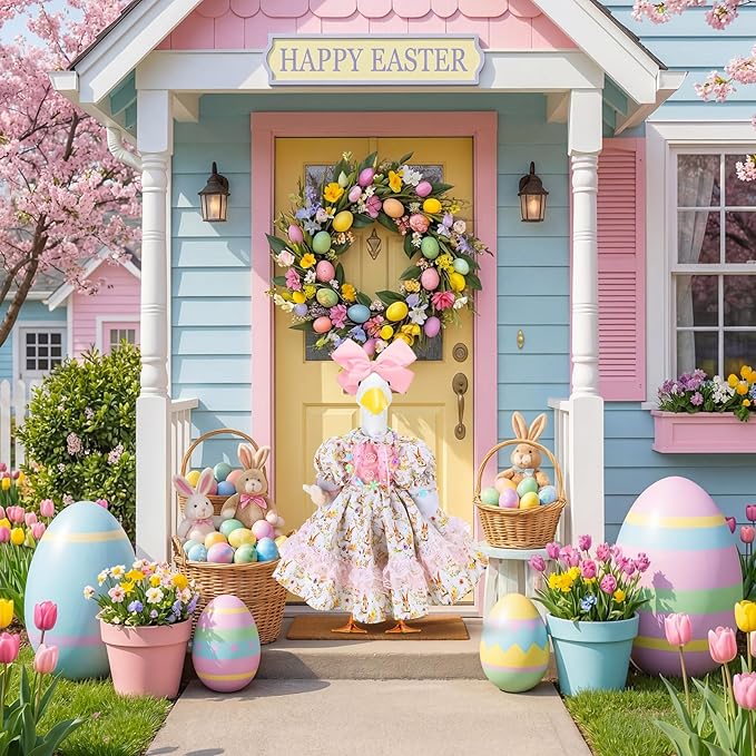 Abbylike 1 Set Easter Bunny Porch Goose Outfit Rabbit Yard Goose Costume Clothes with Bow Headband Fits Large 23'' H Cement for Easter Day Outdoor Patio Garden Lawn Pathway Spring Statue Decor