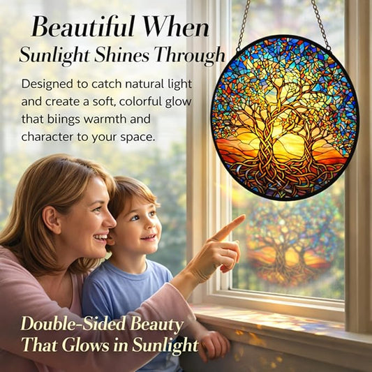 Celtic Tree of Life Suncatcher Window Hanging, 7.8" Stained Glass Decor, Symbolic Gift for Family and Loved Ones, Home Decor for Window, Wall, Living Room, Sunroom and Garden