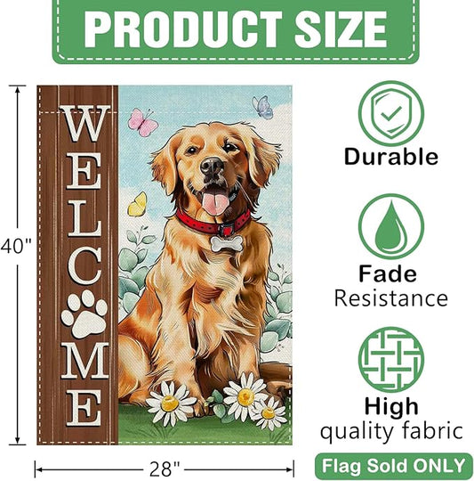 Dyrenson Welcome Golden Retriever Dog 28 x 40 House Flag Double Sided, Paw Prints Garden Yard Decoration Pet Owner Lover Gift, Spring Summer Burlap Outdoor Decor Decorative Large Flag