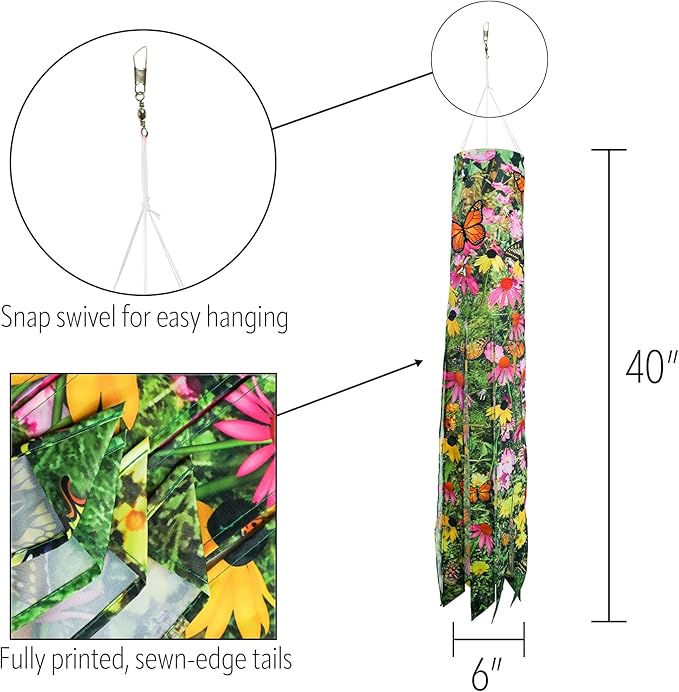 In the Breeze 5271 — Summer Garden 40-inch Illusion Windsock — Vibrant Decor, Embroidered Details, Fully Printed Tails