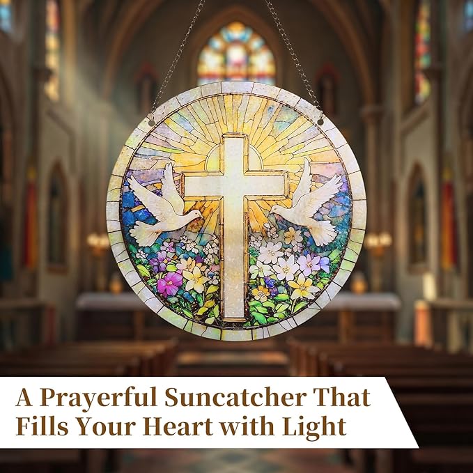 Shihanee 4 Pcs Christian Cross Suncatcher for Window Hanging with Blessing Card Gift Box Hook Acrylic Cross Pigeon Sun Catcher Religious Faith Gifts for Home Window Garden Memorial Decor