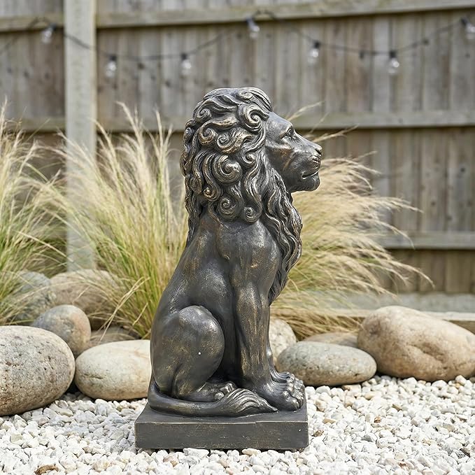 Sculptures Garden Statues, Outdoor Lion Statue 27in Tall, Magnesium Oxide Stone Composite Animal Sculpture Statue Decor for Home Decor Yard Patio Garden, Dark Gray with Gold Accents