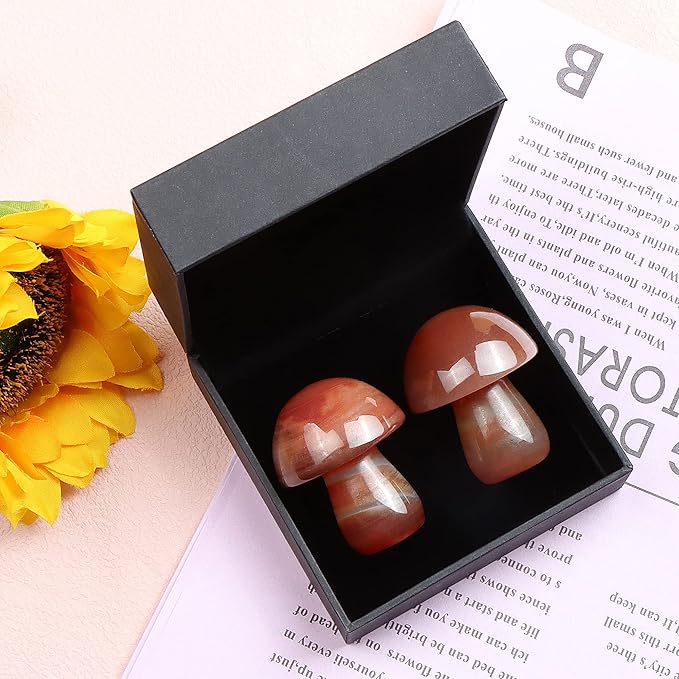 2Pcs 1.7" Red Banded Carnelian Agate Crystal Mushroom Sculpture Decor Mini Mushroom Gifts Cute Home Decor Living Room Decorations Fairy Garden Accessories