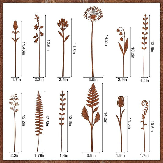 12 Pcs Rusty Metal Flowers and Plants, Rustic Metal Fern Leaf Garden Stakes, Rusty Plant Shaped Decoration for Flower Arrangement Potted Plants Outdoor Lawn Yard Courtyard Art