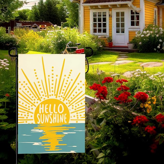 Hello Sunshine Summer Garden Flag Boho Sunset Over Sea Yard Flags Vertical Yard Decorations Outdoor Flag Farmhouse Porch Lawn Patio for Outside 12x18 Double Sided