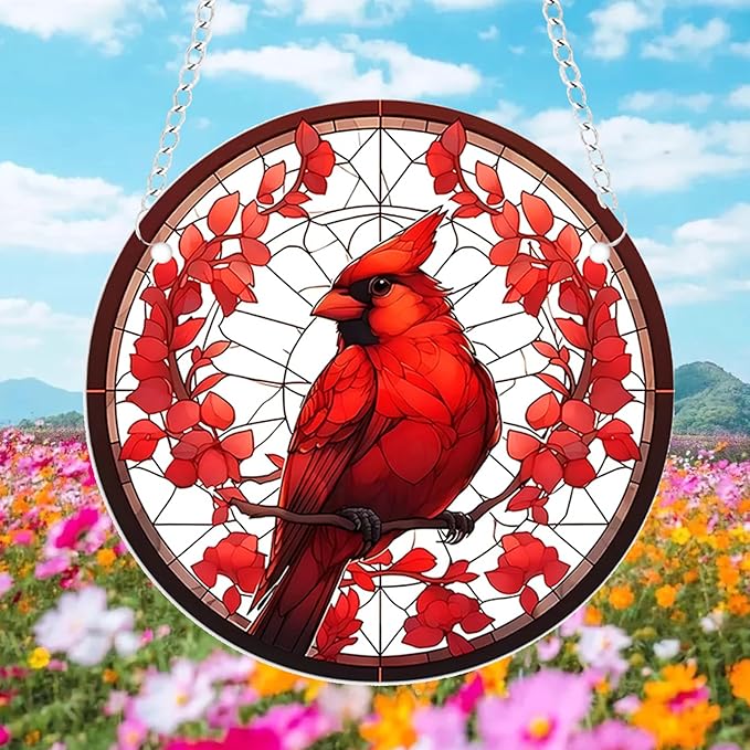 1 pcs 5.9'' Acrylic Window Hanging Cardinal Suncatcher Decor,Red Bird Suncatcher Panel Outdoor Wall Art Stained Panel Hangings Gift for Home Garden Ornament for Birds Lover (Style B)