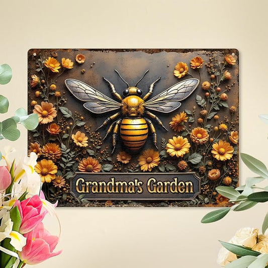 Custom Garden Signs Personalized Metal Tin Sign for Women, Bee Metal Sign for Outdoor, Yard Rustic Home Decor Gift for Mothers Day, Grandmas, and Gardening Lovers