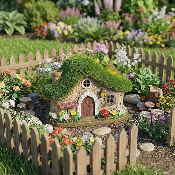 Resin Fairy House Statues with Solar Lights Outdoor for Garden Decor Funny Birds Ladybird Flocked Fairy House with Garden Figurine Patio Yard Lawn Decorations Gift for Mom Women (Green)