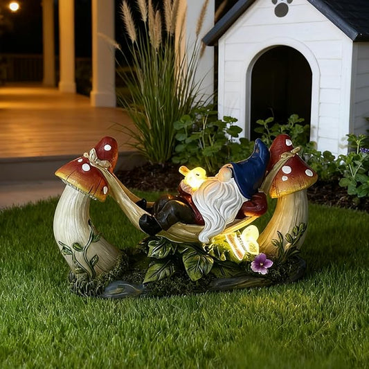 Solar-Powered Garden Gnome Statue - Mushroom LED Light Outdoor Lawn Ornament, Waterproof Resin Sculpture,Weather-Resistant Cute Figurine, Perfect for Yard, Garden Path, Patio Lighting Decor (Red)