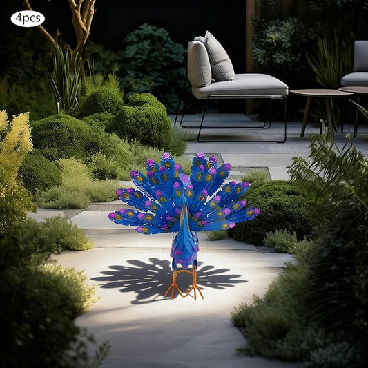 4 Pcs Metal Peacock Statue Set, Colorful Iron Garden Decor Outdoor, Vibrant Tail Spread Peacock Yard Art Sculpture for Patio Lawn Entryway, Weather Resistant Housewarming Gift