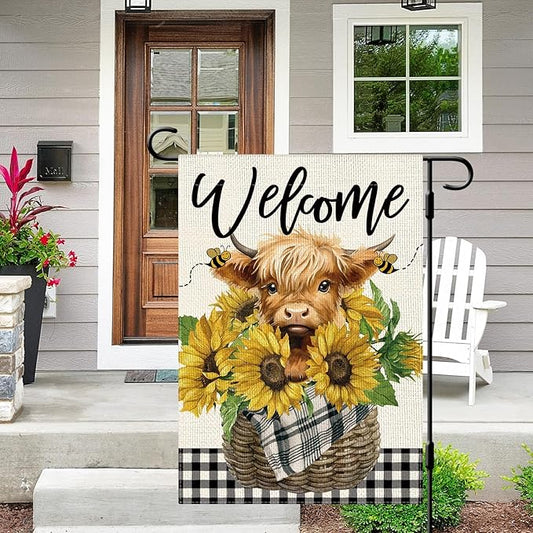 DLZDN Welcome Summer Garden Flag Sunflower Highland Cow Garden Flag 12×18 Inch Double Sided Buffalo Plaid Farmhouse Yard Flag Spring Summer Seasonal Outdoor Decor