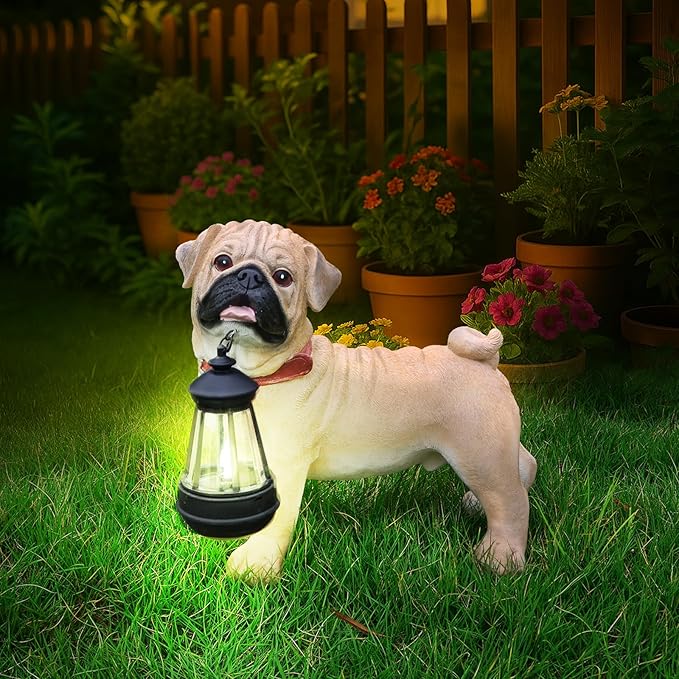 Sunny Pug Welcome Sign with Solar Lantern, Standing Yellow Pug Garden Sculpture for Balcony, Patio Nooks, Flower Borders & Entry Steps