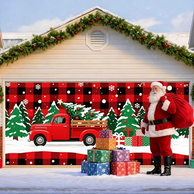 IVN Merry Christmas Garage Door 13x6ft Festive Backdrop Red Truck with Christmas Trees and Gifts Photo Prop Background for Holiday Yard Door Cover Outdoor Winter Scene