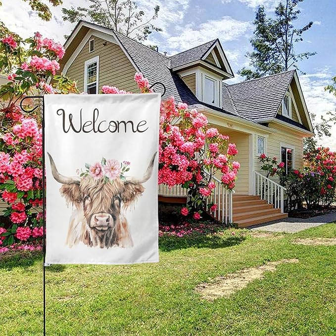 Welcome Pink Floral Highland Cow Garden Flags 12×18 Inch Double Sided Decorative Yard Banner Seasonal Flag for Outdoor Outside Decor