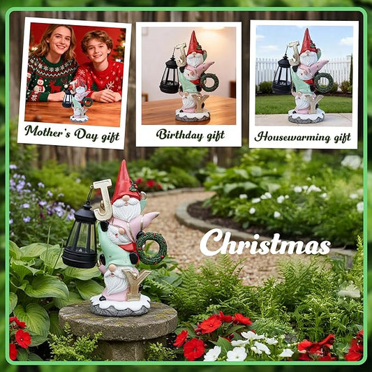 Garden Gnome Statue with Solar Lights, Funny Triple Gnome Holding Joy Outdoor Resin Sculptures Decor for Home Patio Lawn Yard Porch Balcony, Housewarming Birthday Gifts