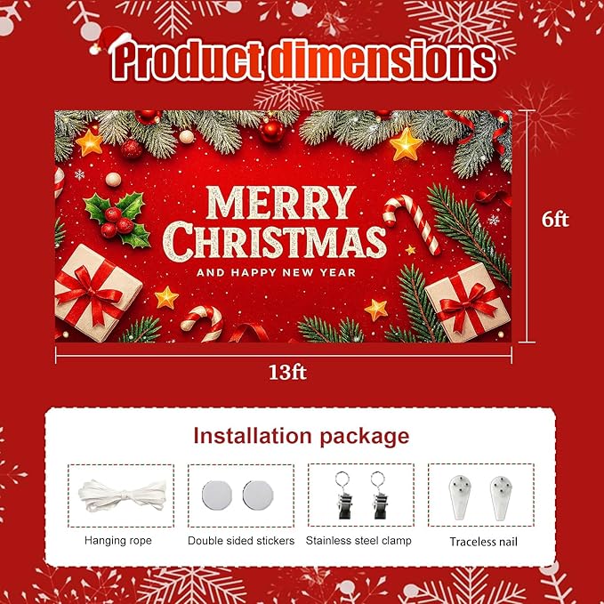 HOMETITUTE Christmas Door Banner 13x6ft Holiday Porch Decoration Red Background Merry Christmas And Happy New Year Pine Branches Ornaments Gifts Winter Seasonal Front Door Cover Wall Decor