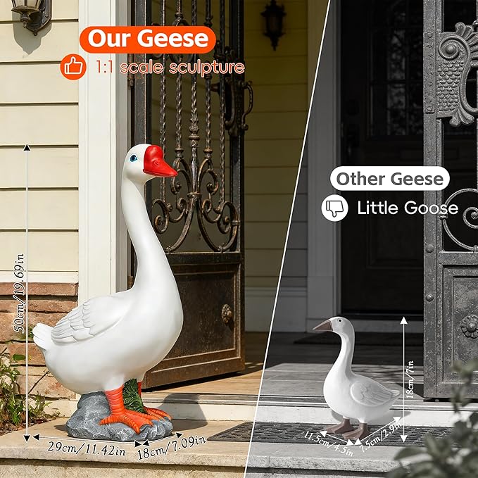 20" Large Porch Goose Statue Deocr, White Lifelike Lawn Goose Sculpture ,Resin Indoor or Outdoor Decorative Figurine for Garden, Patio, Yard, Entryway Accent, Unique Housewarming Gift, Gifts for Mom