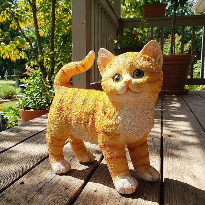 Real Orange Tabby Cat Garden Statue - Resin Realistic Cat Sculpture, Pet Loss Memorial Stone, for Cats Lovers, Indoor/Outdoor Decor, Animal Figurine for Yard Ornaments