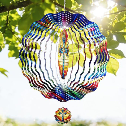 Cross Wind Spinner Outdoor - 12 Inch 3D Christian Cross Hanging Decor, Colorful Christian Metal Spinner Gift, Kinetic Yard Art Ornament for Garden Patio Porch Lawn