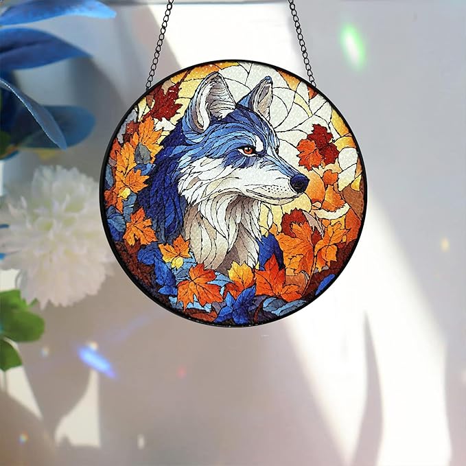 Bimkole Wolf Stained Glass Suncatcher Window Hanging - Animals Design for Indoor Window or Doorway Decoration - 7.87x7.87 inch with Chain and Hook - Unique Home Decor Gift
