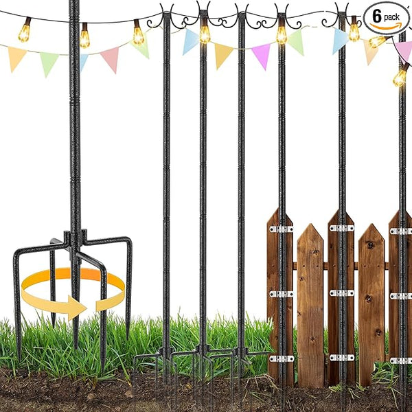 StarryEver 6 Pack Outdoor String Light Poles, Metal Lights Hanging Pole with 2 Hooks and Rustproof, for Patio Garden Deck Backyard Lawn Sunshade and Decor
