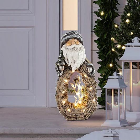 Alpine Corporation 21" Tall Santa Christmas Statue with Carved Wood Look and 16 Warm LED Lights, Timer Function, Indoor/Outdoor Holiday Decoration for Porch or Entryway