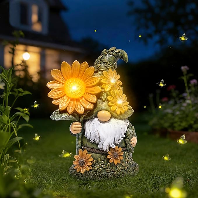 basen Solar Garden Gnome with Glowing Daisy Flower, Outdoor Solar Gnome Figurine for Yard Lawn Patio, Hand-Painted Resin Garden Statue Decor with LED Light for Landscape, Garden Ornament Gift